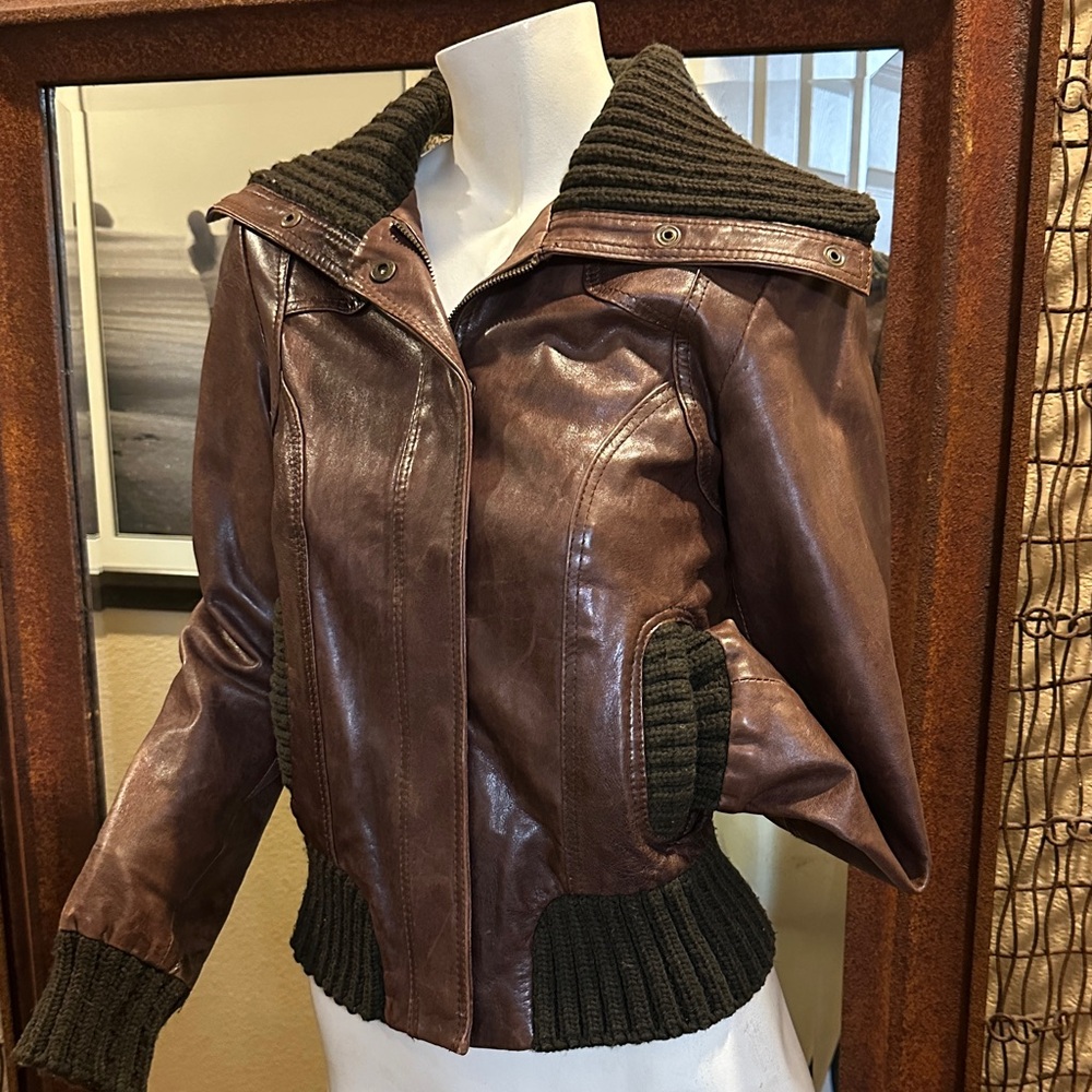 Ted Baker Brown Leather Jacket with Knit Details